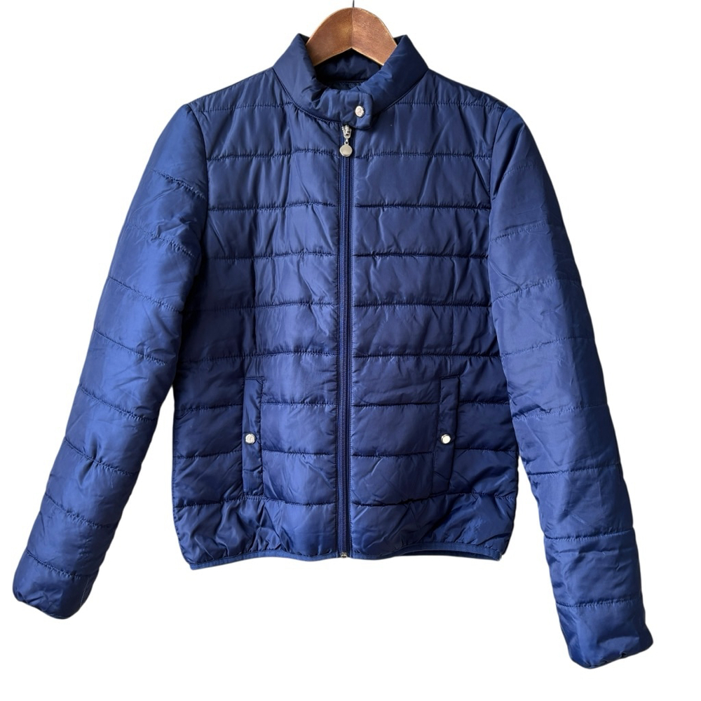 Stradivarius Royal Blue Puffer Coat Jacket Parka Snap Pockets Mock Neck MEDIUM